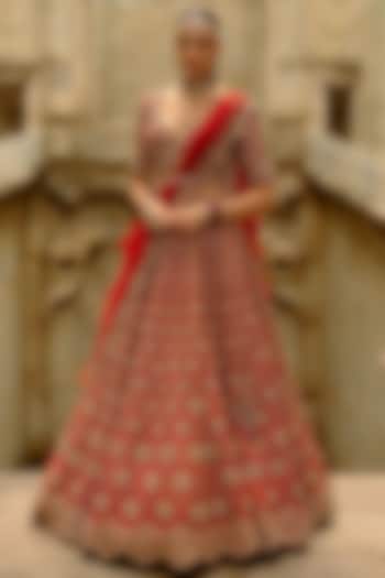 Red Raw Silk Zardosi Embroidered Bridal Lehenga Set by NITIKA GUJRAL at Pernia's Pop Up Shop