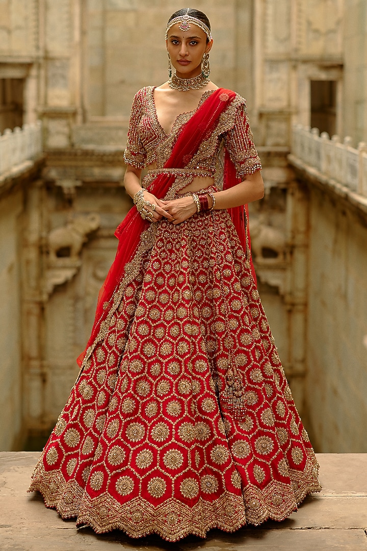Red Raw Silk Zardosi Embroidered Bridal Lehenga Set by NITIKA GUJRAL at Pernia's Pop Up Shop