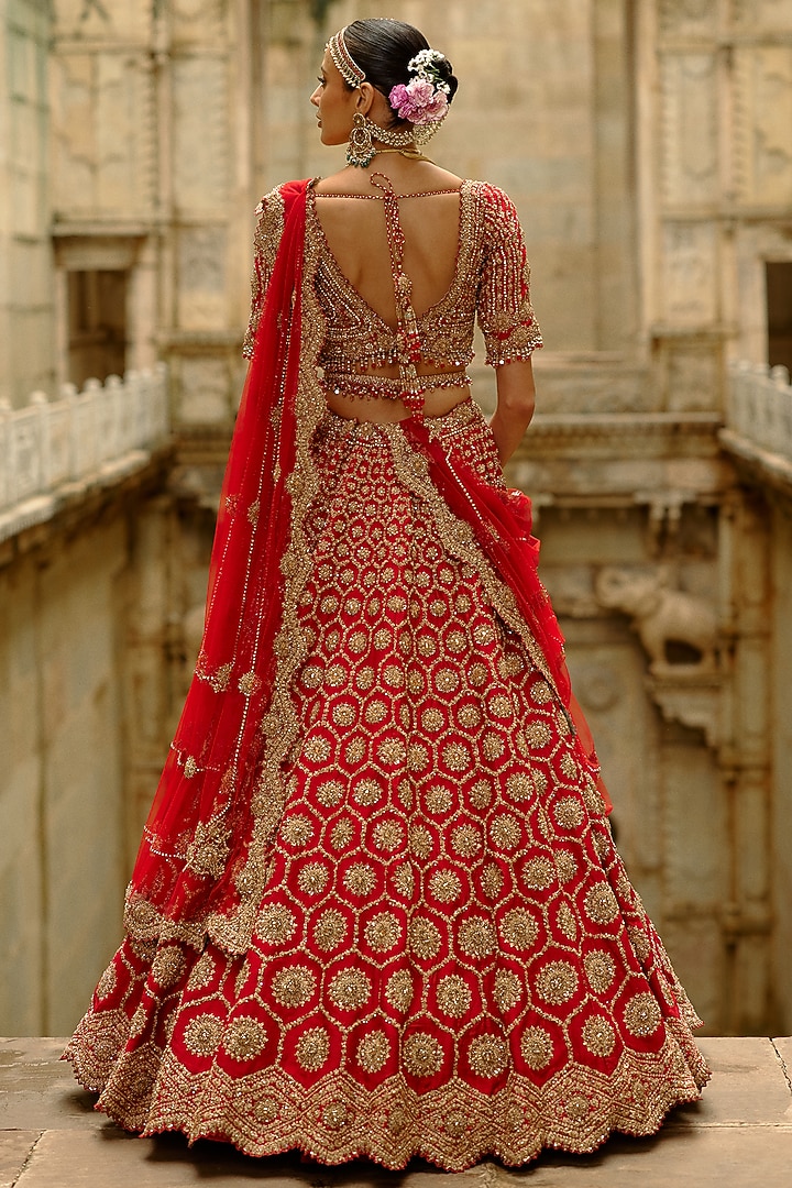 Red Raw Silk Zardosi Embroidered Bridal Lehenga Set by NITIKA GUJRAL at Pernia's Pop Up Shop