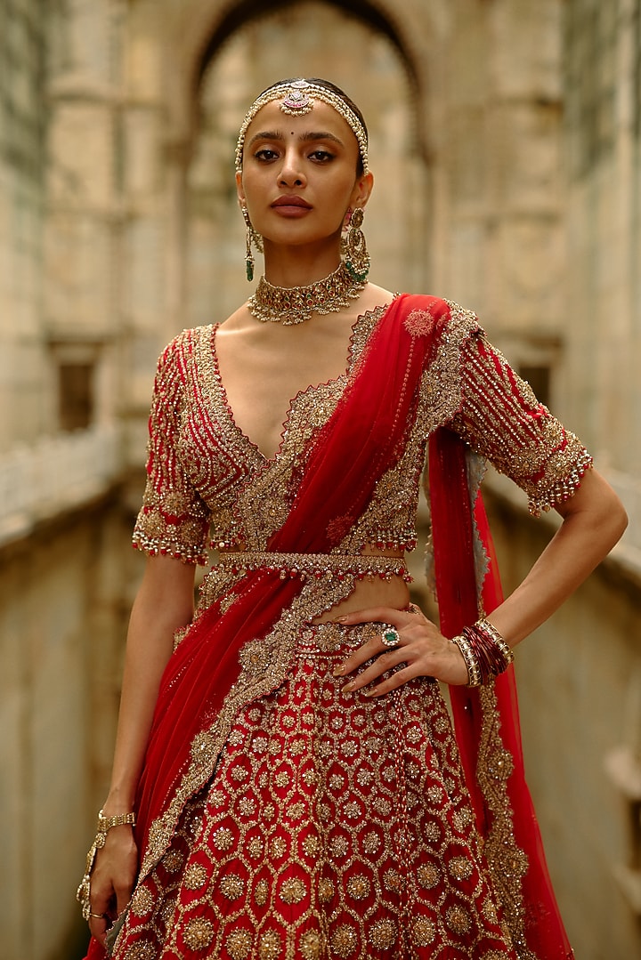 Red Raw Silk Zardosi Embroidered Bridal Lehenga Set by NITIKA GUJRAL at Pernia's Pop Up Shop