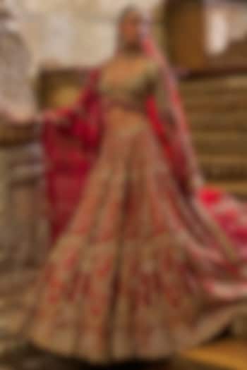 Red-Maroon Raw Silk Zardosi Embellished Bridal Lehenga Set by NITIKA GUJRAL at Pernia's Pop Up Shop