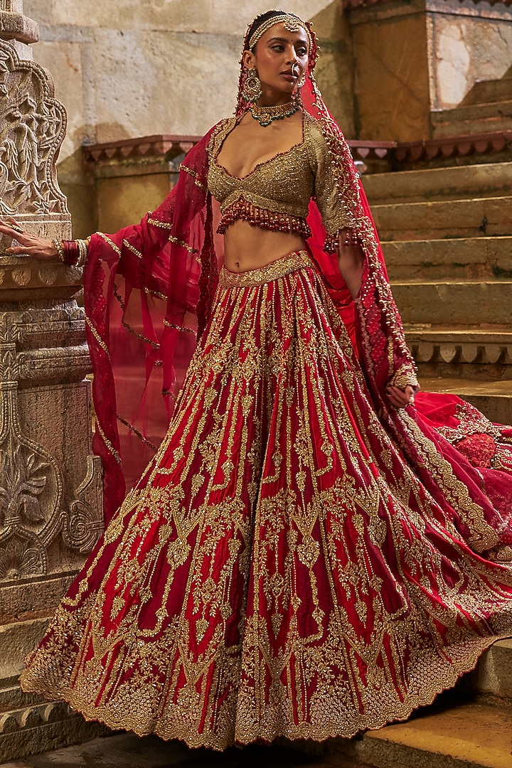 Red-Maroon Raw Silk Zardosi Embellished Bridal Lehenga Set by NITIKA GUJRAL at Pernia's Pop Up Shop