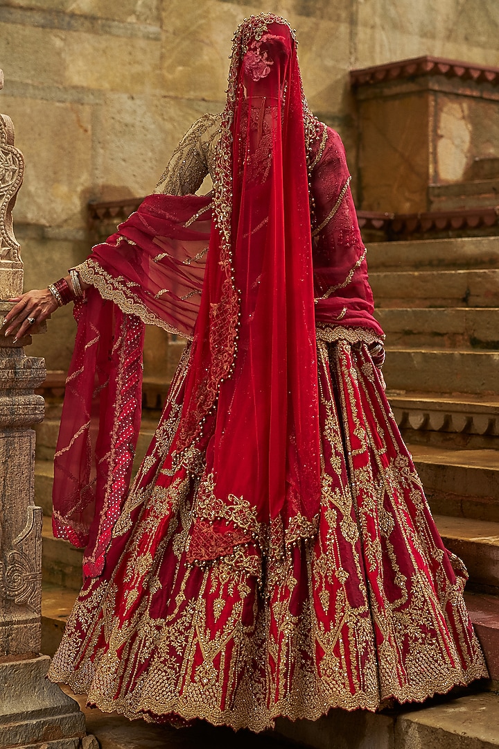 Red-Maroon Raw Silk Zardosi Embellished Bridal Lehenga Set by NITIKA GUJRAL at Pernia's Pop Up Shop