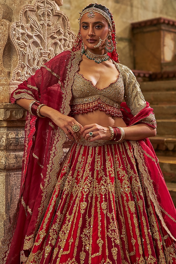Red-Maroon Raw Silk Zardosi Embellished Bridal Lehenga Set by NITIKA GUJRAL at Pernia's Pop Up Shop