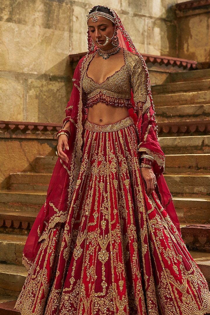 Red-Maroon Raw Silk Zardosi Embellished Bridal Lehenga Set by NITIKA GUJRAL at Pernia's Pop Up Shop