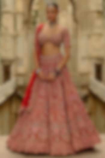 Red Raw Silk Resham Thread Embroidered Bridal Lehenga Set by NITIKA GUJRAL at Pernia's Pop Up Shop