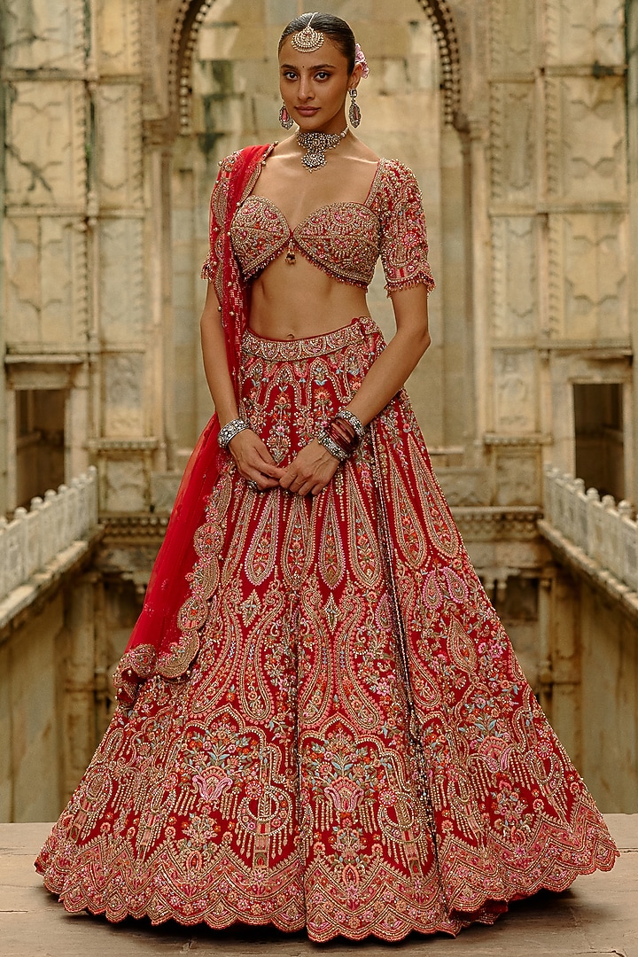 Red Raw Silk Resham Thread Embroidered Bridal Lehenga Set by NITIKA GUJRAL at Pernia's Pop Up Shop