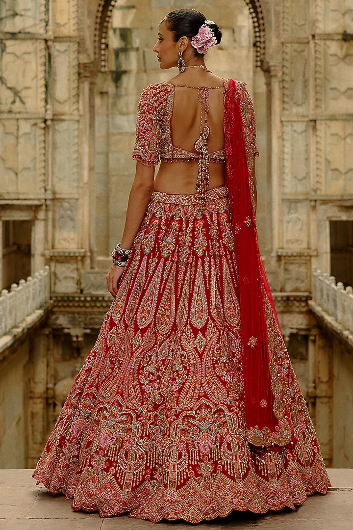 Red Raw Silk Resham Thread Embroidered Bridal Lehenga Set by NITIKA GUJRAL at Pernia's Pop Up Shop