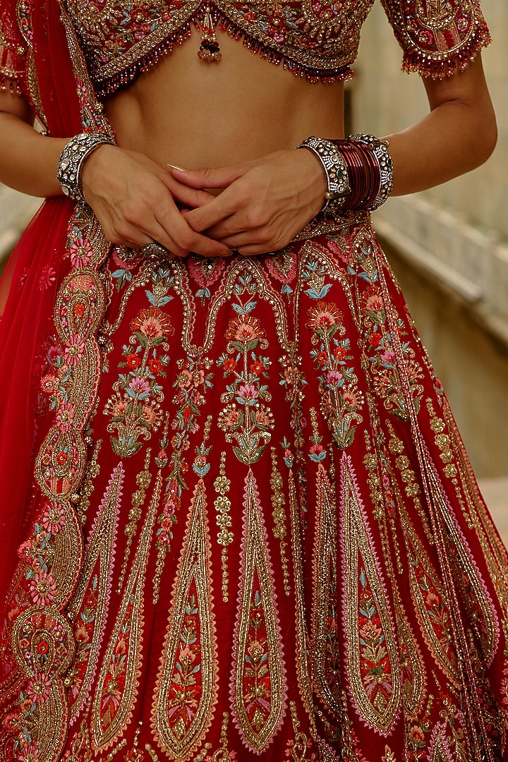 Red Raw Silk Resham Thread Embroidered Bridal Lehenga Set by NITIKA GUJRAL at Pernia's Pop Up Shop