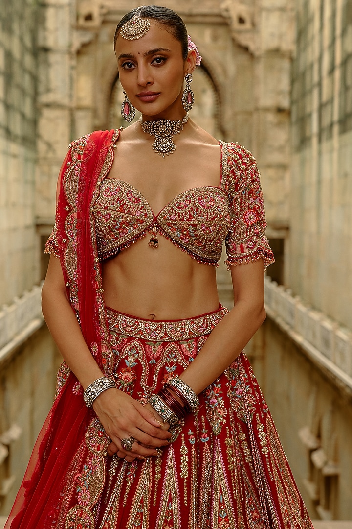 Red Raw Silk Resham Thread Embroidered Bridal Lehenga Set by NITIKA GUJRAL at Pernia's Pop Up Shop