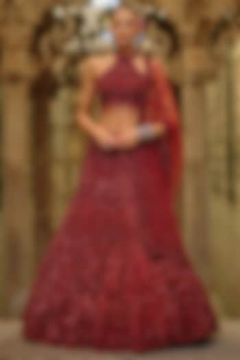 Burgundy Net Bead Embellished Bridal Lehenga Set by NITIKA GUJRAL at Pernia's Pop Up Shop