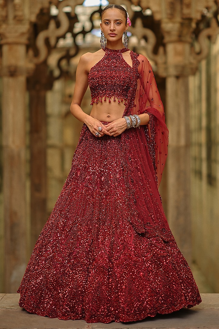 Burgundy Net Bead Embellished Bridal Lehenga Set by NITIKA GUJRAL at Pernia's Pop Up Shop