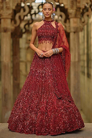 Burgundy Net Bead Embellished Lehenga Set by NITIKA GUJRAL