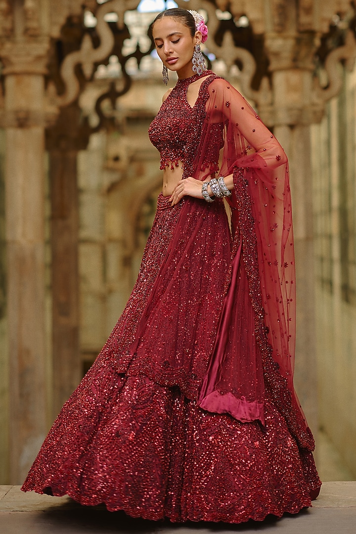 Burgundy Net Bead Embellished Bridal Lehenga Set by NITIKA GUJRAL at Pernia's Pop Up Shop