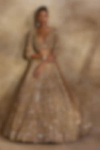 Champagne Gold Tulle Sequins Embroidered Bridal Lehenga Set by NITIKA GUJRAL at Pernia's Pop Up Shop