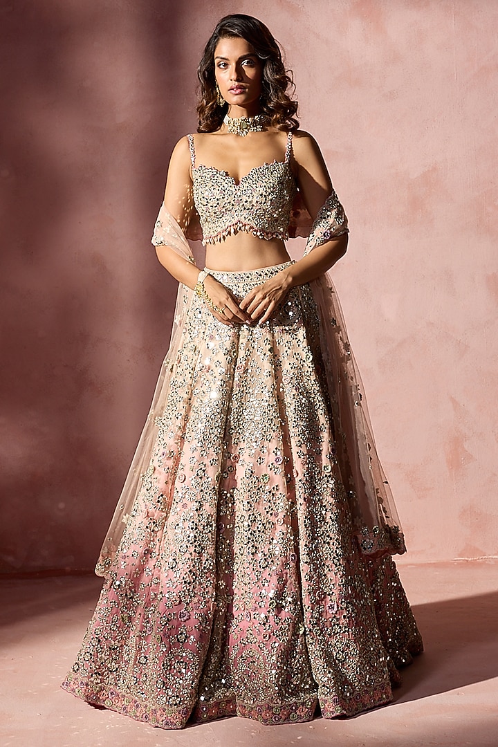 Rose Pink Ombre Net Sequins Embroidered Bridal Lehenga Set by NITIKA GUJRAL at Pernia's Pop Up Shop