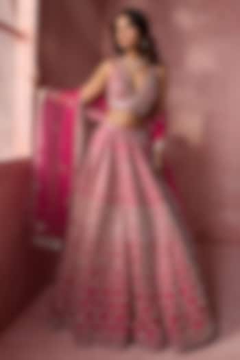 Fuchsia Pink Taffeta Mirror Embroidered Bridal Lehenga Set by NITIKA GUJRAL at Pernia's Pop Up Shop