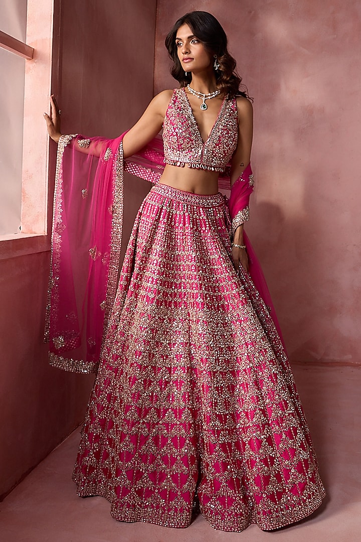 Fuchsia Pink Taffeta Mirror Embroidered Bridal Lehenga Set by NITIKA GUJRAL at Pernia's Pop Up Shop