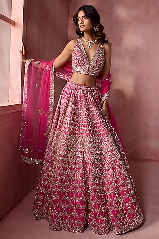 Fuchsia Pink Taffeta Mirror Embroidered Lehenga Set by NITIKA GUJRAL