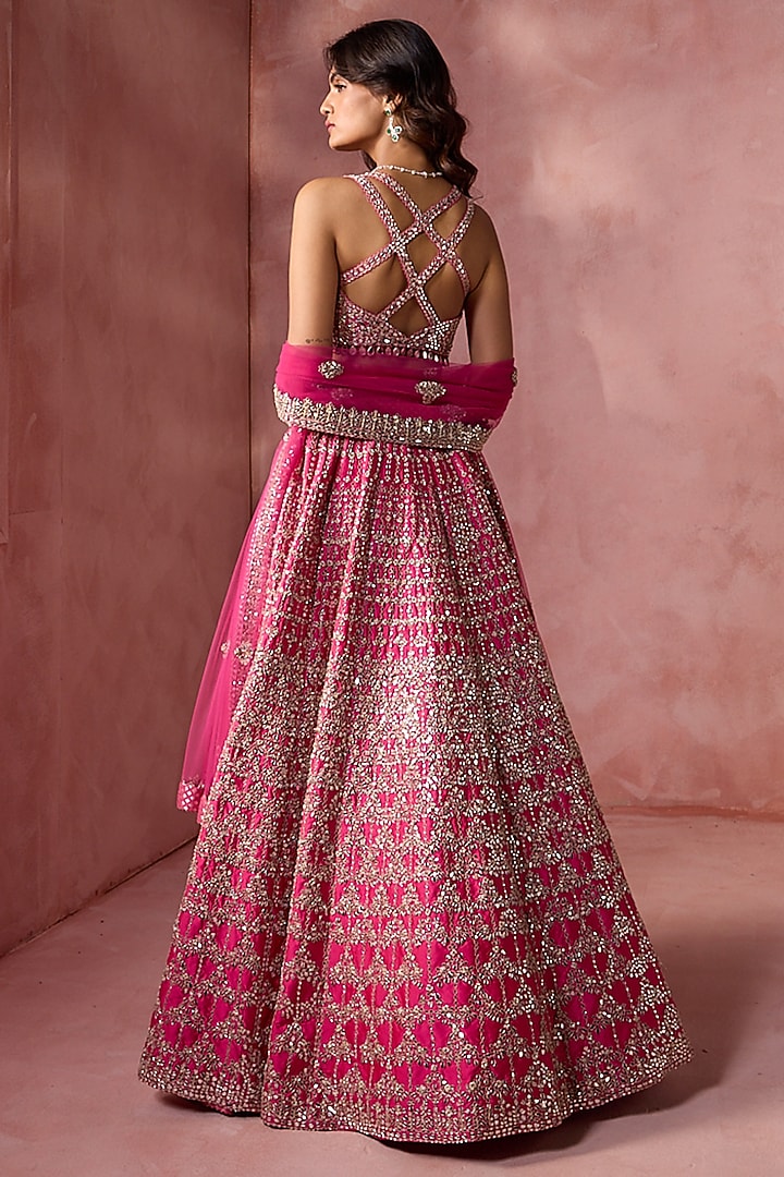 Fuchsia Pink Taffeta Mirror Embroidered Bridal Lehenga Set by NITIKA GUJRAL at Pernia's Pop Up Shop