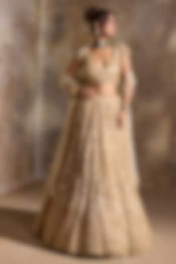 Golden Tulle Beads & Sequins Embroidered Bridal Lehenga Set by NITIKA GUJRAL at Pernia's Pop Up Shop