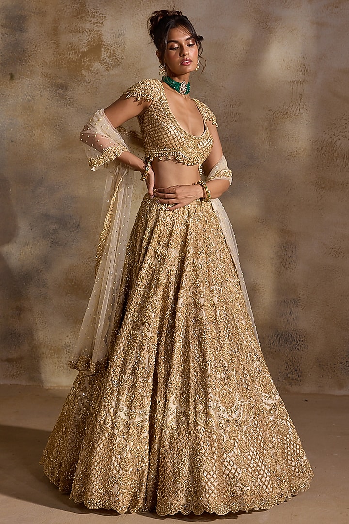 Golden Tulle Beads & Sequins Embroidered Bridal Lehenga Set by NITIKA GUJRAL at Pernia's Pop Up Shop