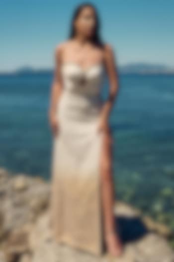 Ivory & Beige Ombre Net Embellished Strapless Wedding Gown by NITIKA GUJRAL at Pernia's Pop Up Shop