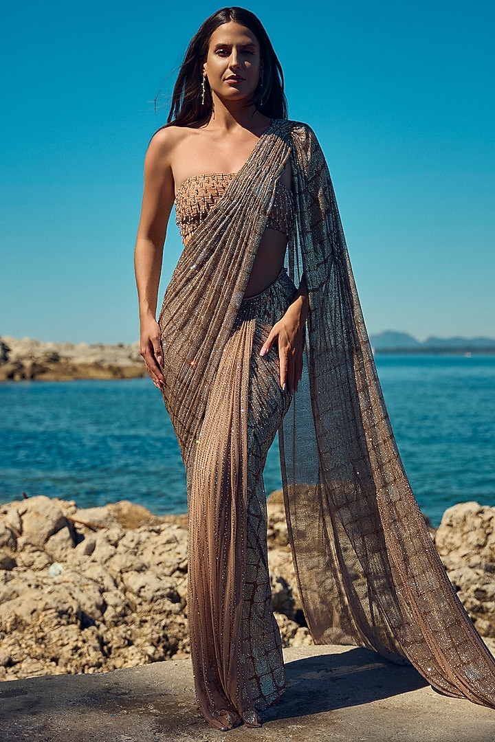 Champagne Soft Net & Satin Crystal Work Draped Reception Saree Set by NITIKA GUJRAL at Pernia's Pop Up Shop