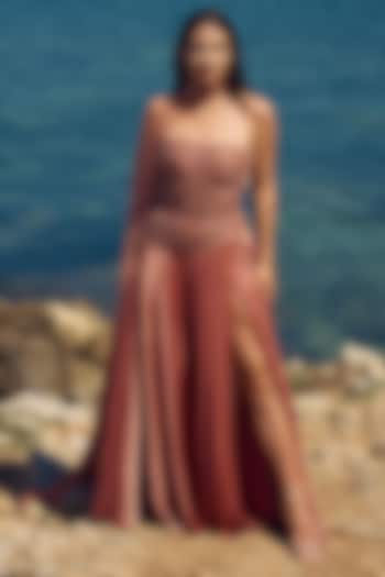 Peach Chiffon & Satin Embellished Off-Shoulder Wedding Gown by NITIKA GUJRAL at Pernia's Pop Up Shop
