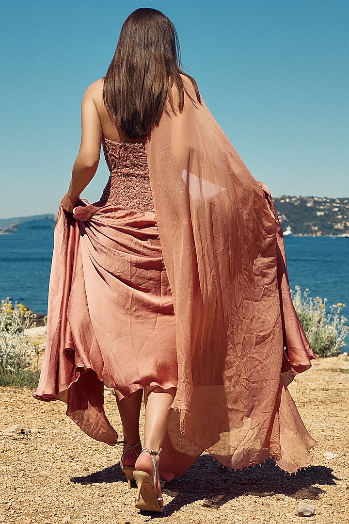 Peach Chiffon & Satin Embellished Off-Shoulder Wedding Gown by NITIKA GUJRAL at Pernia's Pop Up Shop