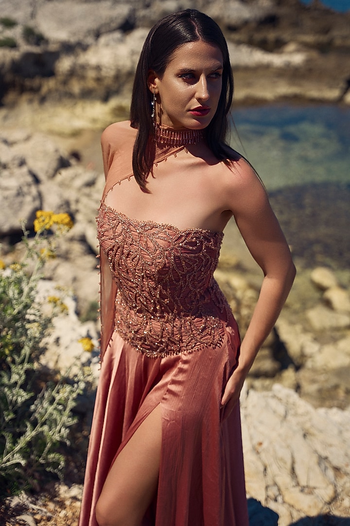 Peach Chiffon & Satin Embellished Off-Shoulder Wedding Gown by NITIKA GUJRAL at Pernia's Pop Up Shop