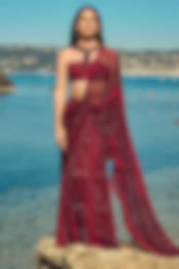 Burgundy Tulle & Chantilly Lace Embellished Draped Bridal Saree Set by NITIKA GUJRAL at Pernia's Pop Up Shop