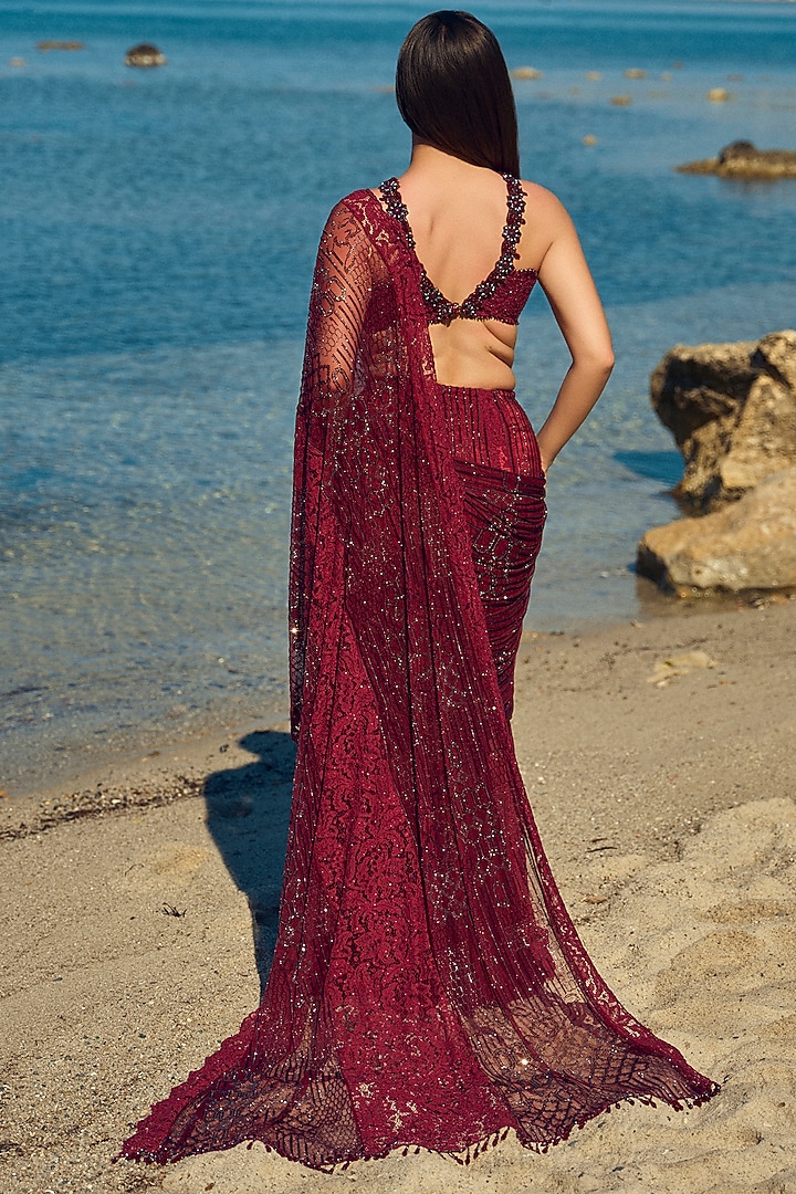 Burgundy Tulle & Chantilly Lace Embellished Draped Bridal Saree Set by NITIKA GUJRAL at Pernia's Pop Up Shop