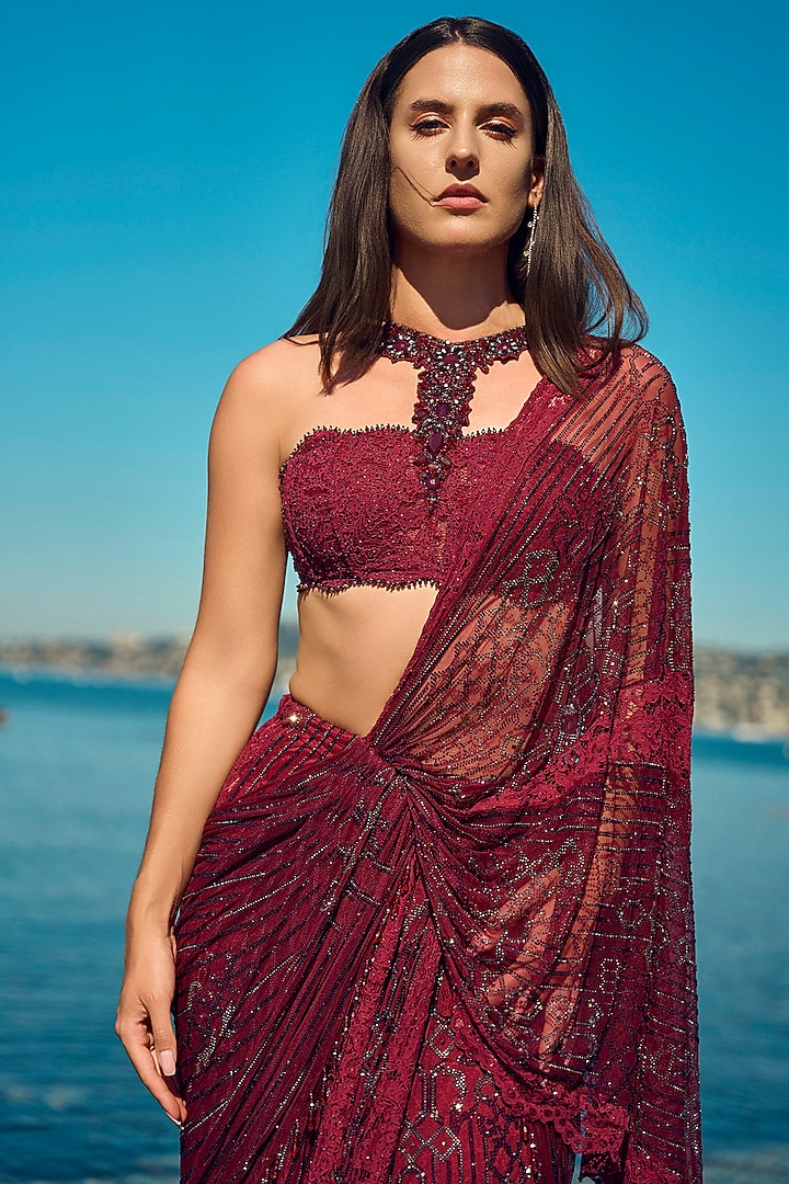 Burgundy Tulle & Chantilly Lace Embellished Draped Bridal Saree Set by NITIKA GUJRAL at Pernia's Pop Up Shop