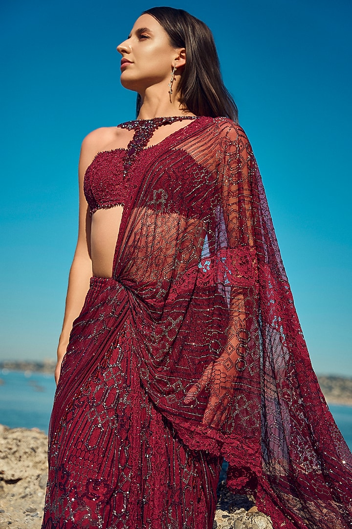 Burgundy Tulle & Chantilly Lace Embellished Draped Bridal Saree Set by NITIKA GUJRAL at Pernia's Pop Up Shop