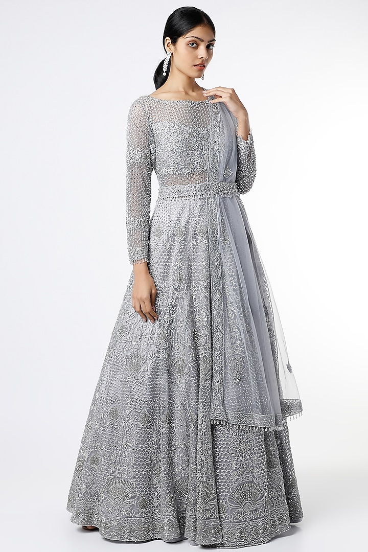 Greyish Blue Net Silver Embroidered Gown With Dupatta by NITIKA GUJRAL