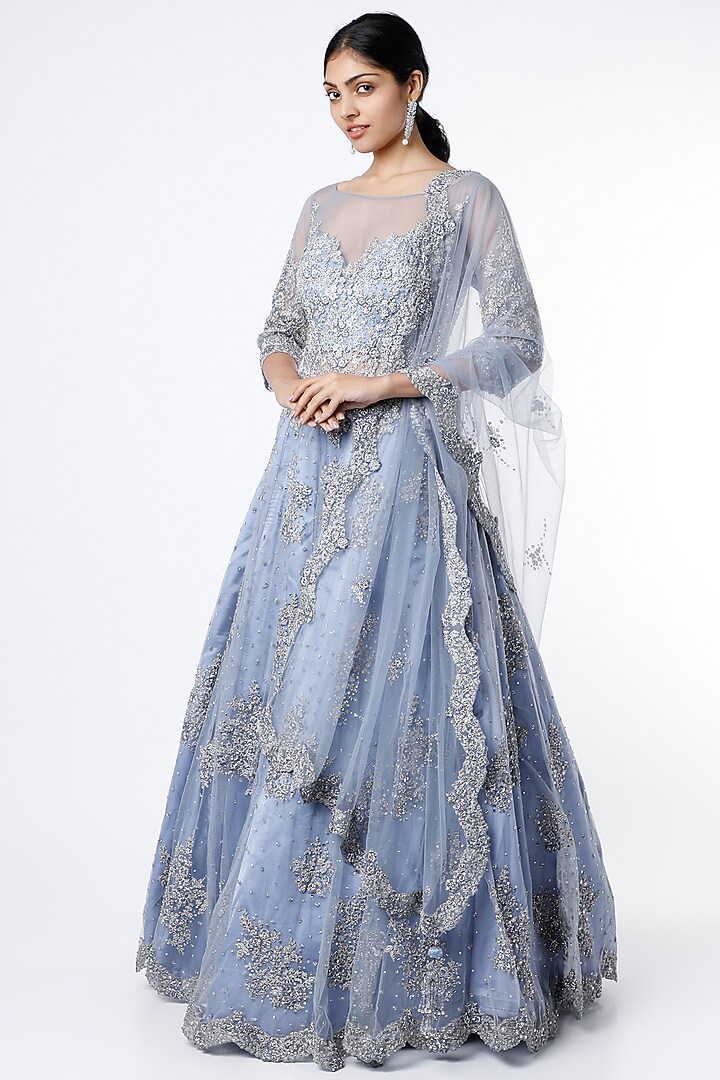 Ink Blue Net Silver Embroidered Gown With Dupatta by NITIKA GUJRAL