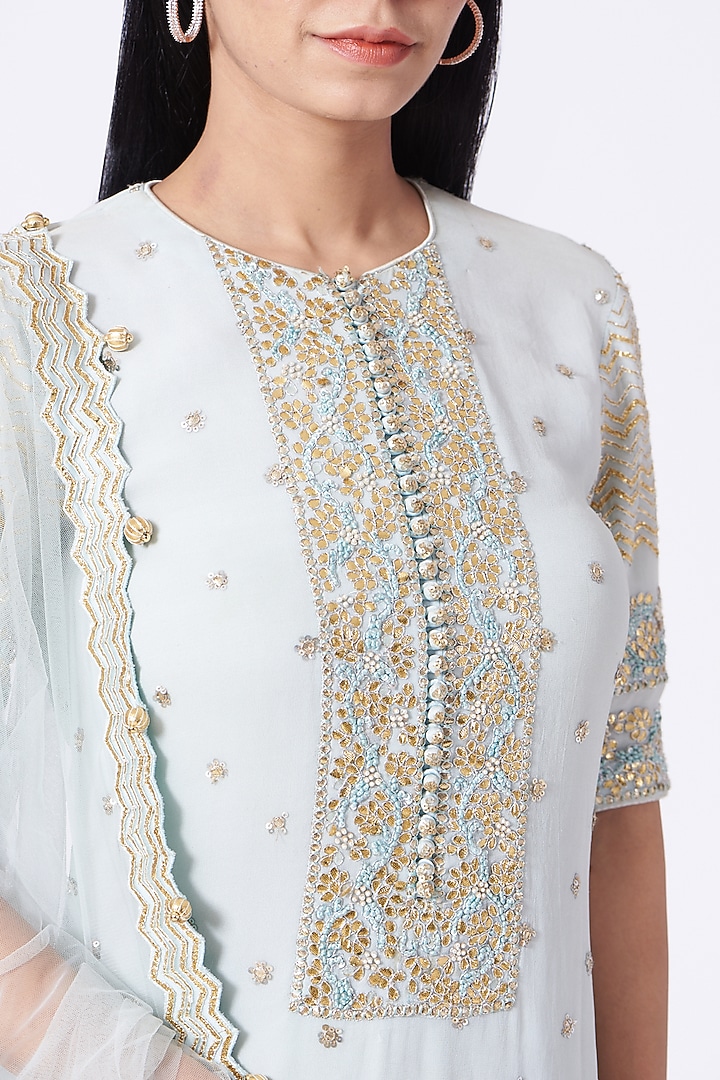 Powder Blue Georgette Gota Embroidered Kurta Set by NITIKA GUJRAL at Pernia's Pop Up Shop