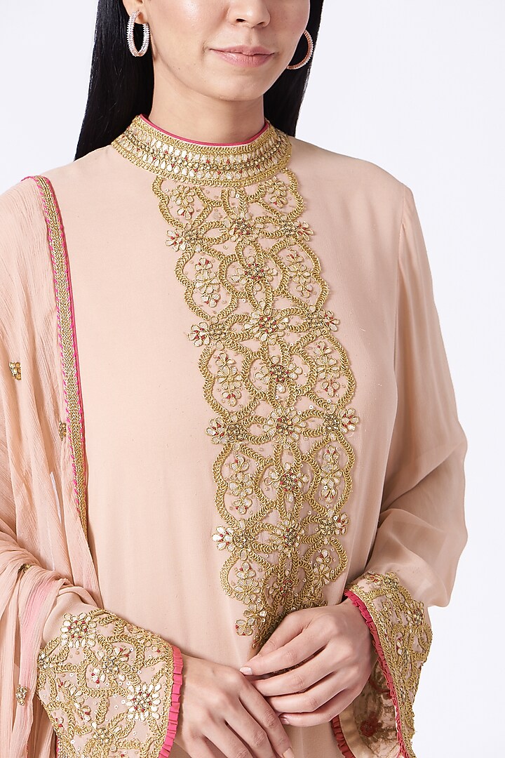 Peach Brocade Gota Embroidered Asymmetrical Kurta Set by NITIKA GUJRAL at Pernia's Pop Up Shop