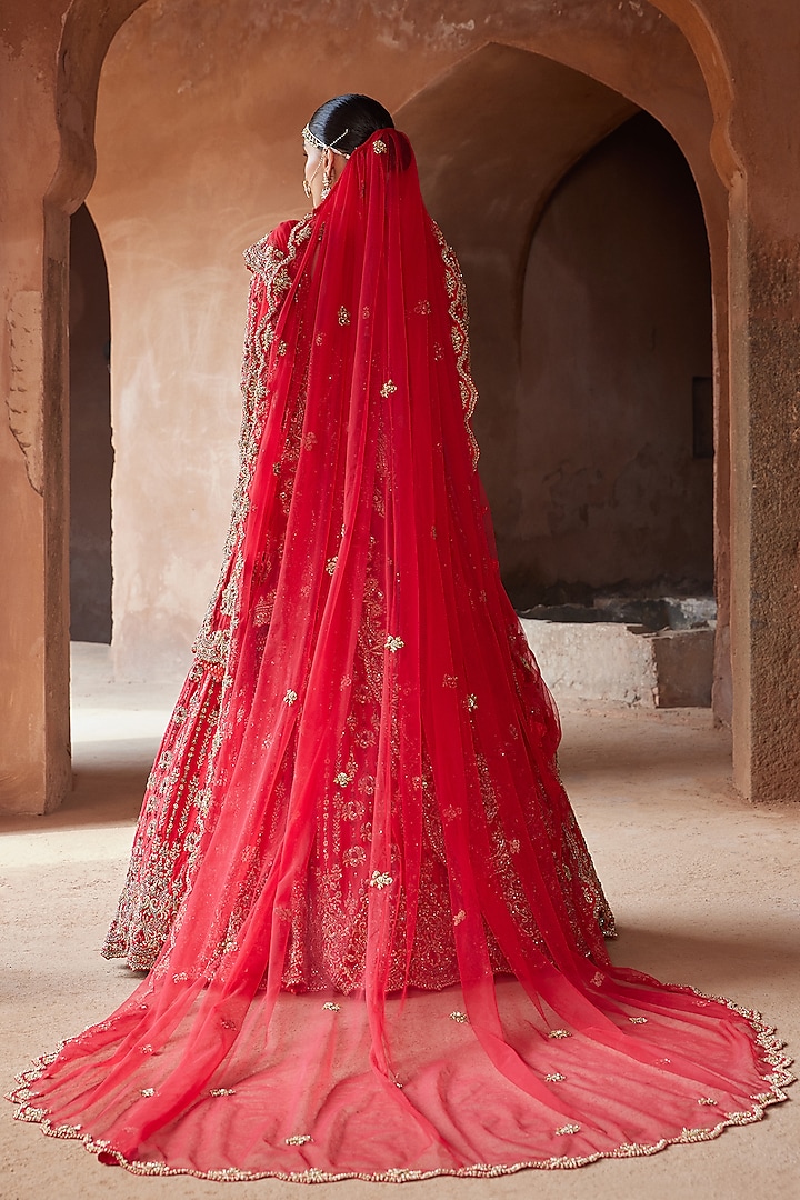 Vermillion Red Raw Silk Zardosi Embroidered Bridal Lehenga Set by NITIKA GUJRAL at Pernia's Pop Up Shop