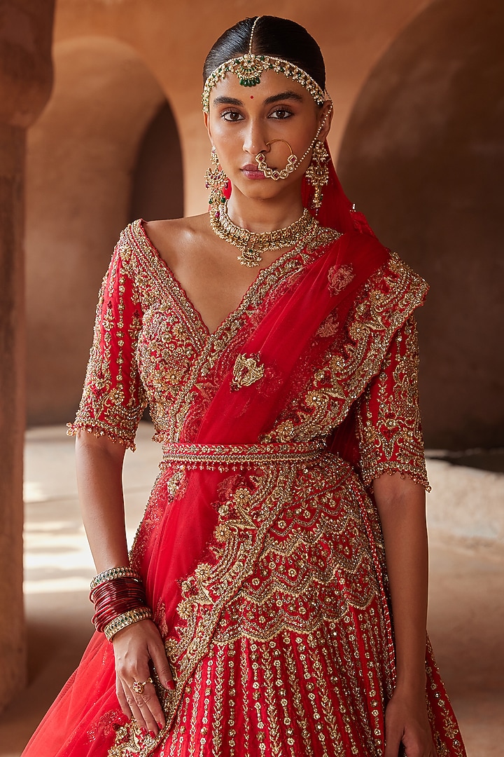 Vermillion Red Raw Silk Zardosi Embroidered Bridal Lehenga Set by NITIKA GUJRAL at Pernia's Pop Up Shop