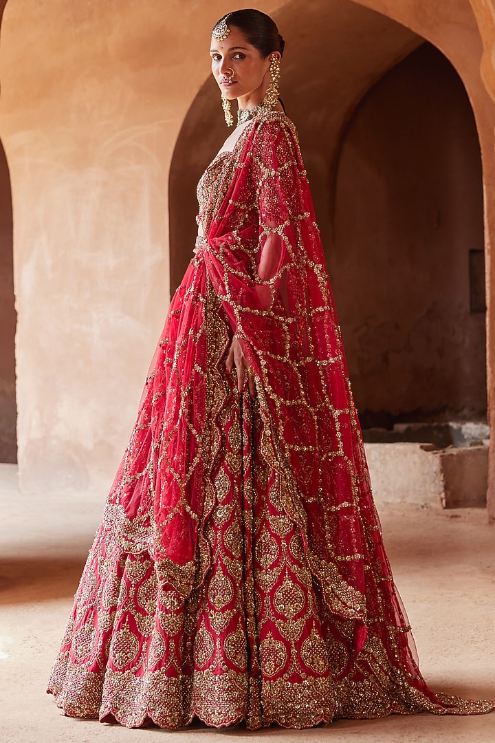 Deep Red Raw Silk Dabka Embroidered Bridal Lehenga Set by NITIKA GUJRAL at Pernia's Pop Up Shop