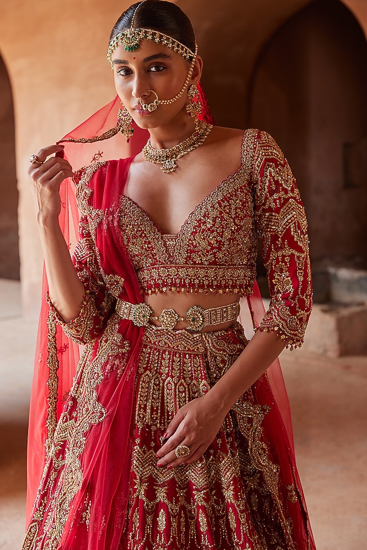 Cardinal Red Raw Silk Zari Embroidered Bridal Lehenga Set by NITIKA GUJRAL at Pernia's Pop Up Shop