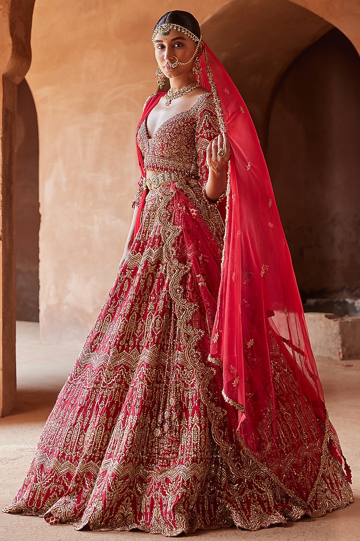 Cardinal Red Raw Silk Zari Embroidered Bridal Lehenga Set by NITIKA GUJRAL at Pernia's Pop Up Shop