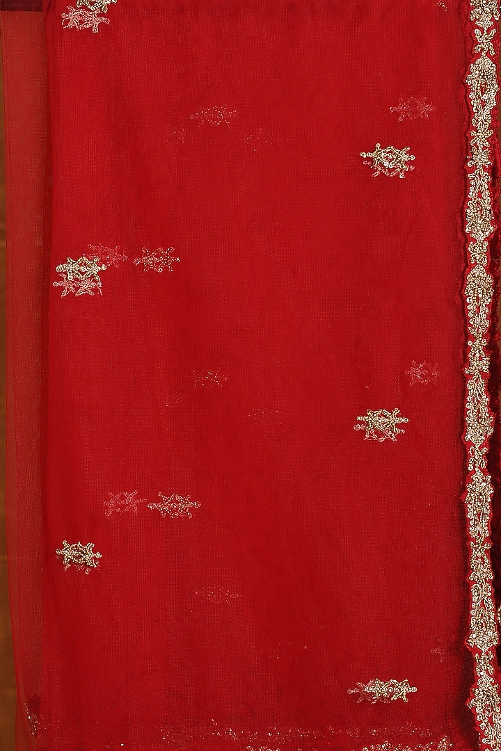 Cardinal Red Raw Silk Zari Embroidered Bridal Lehenga Set by NITIKA GUJRAL at Pernia's Pop Up Shop