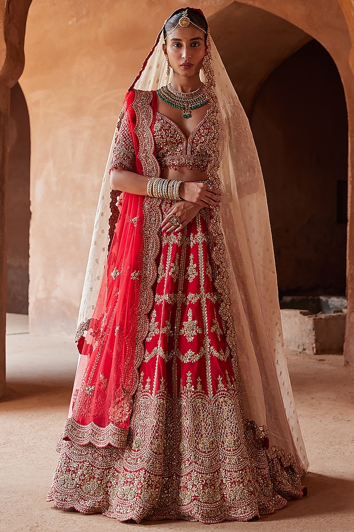 Scarlet Red Raw Silk Zari Embroidered Lehenga Set by NITIKA GUJRAL