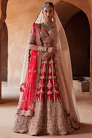 Scarlet Red Raw Silk Zari Embroidered Lehenga Set by NITIKA GUJRAL