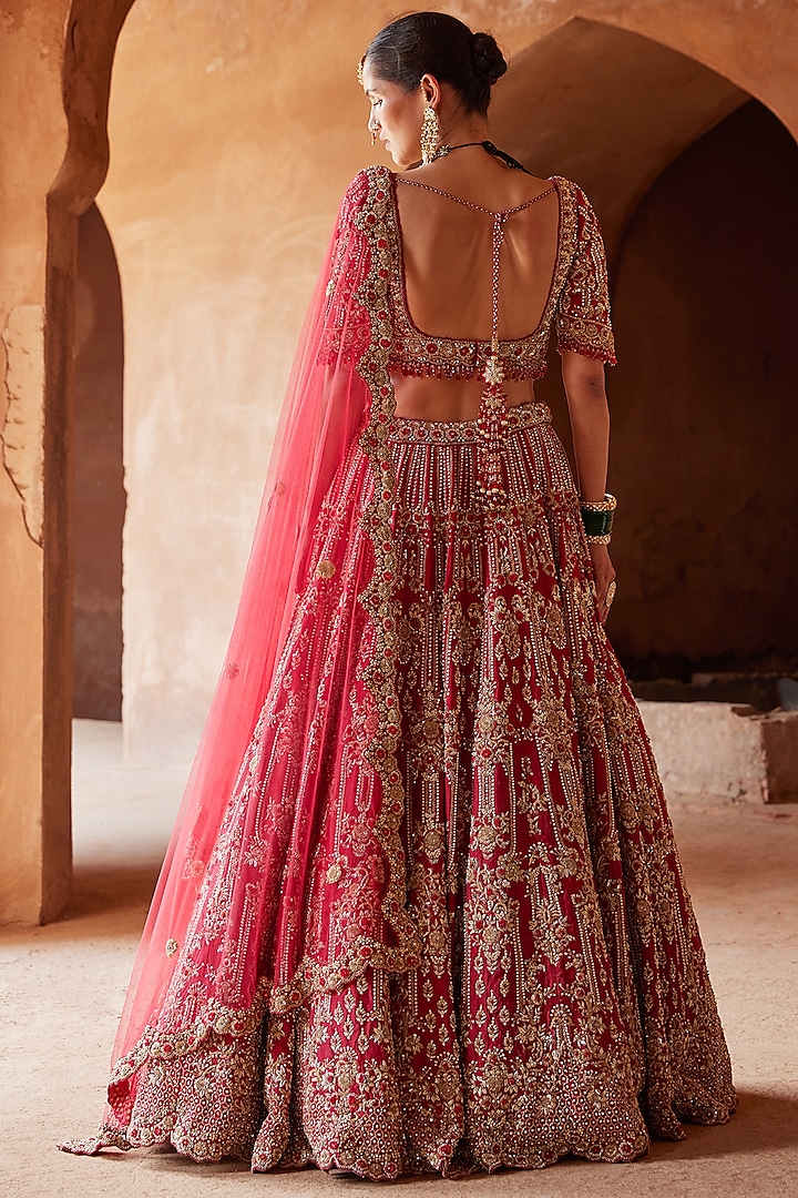 Blood Red Raw Silk Dabka Embroidered Bridal Lehenga Set by NITIKA GUJRAL at Pernia's Pop Up Shop