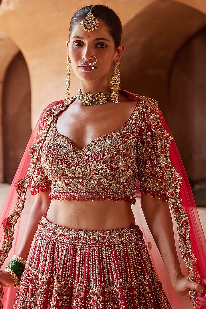 Blood Red Raw Silk Dabka Embroidered Bridal Lehenga Set by NITIKA GUJRAL at Pernia's Pop Up Shop