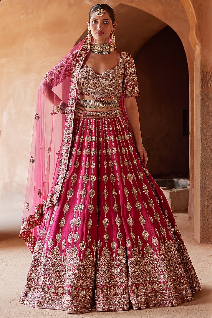 Fuchsia Red Raw Silk Embroidered Lehenga Set by NITIKA GUJRAL